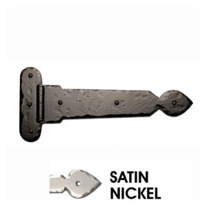 16" x 3 3/4" Rustic Ranch Spear End one-piece hinge w/ 6 3/4" Faux Butt Plate; Elegance Satin Nickel Finish.